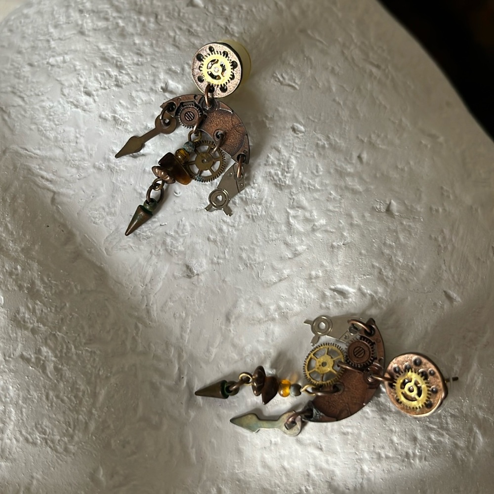 Steampunk Watch Clock Dangle Earrings Post Gears … - image 7